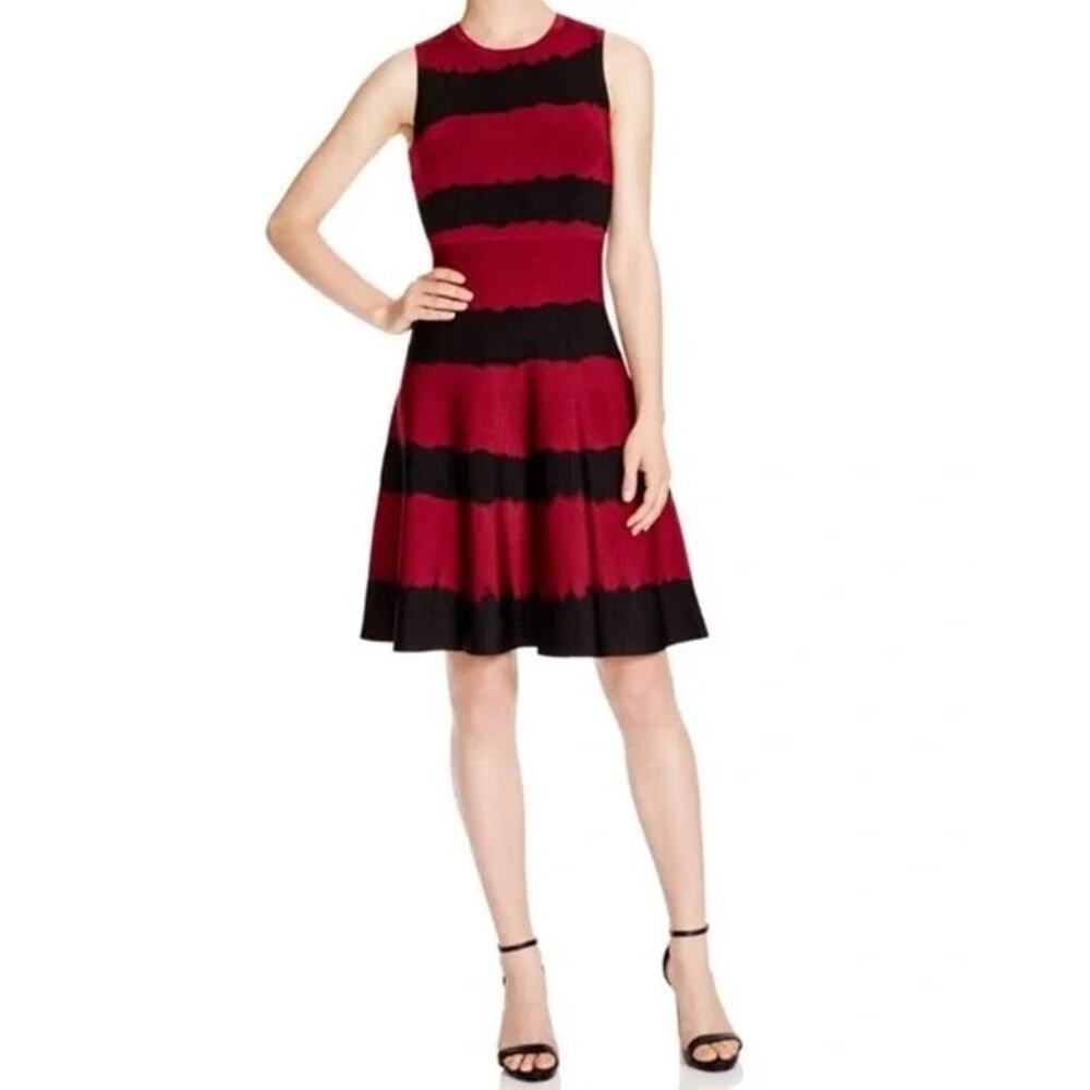 Karen Millen Ribbed Tie Dye Fit and Flare Red Striped Bodycon Mini Dress XS